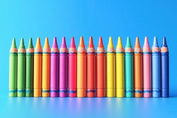 A vibrant row of colorful crayons arranged neatly on a blue background, showcasing a spectrum of colors.