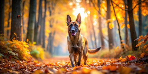Candid Photography of a Belgian Malinois Dog in a Beautiful Autumn Forest with Colorful Leaves and Natural Light