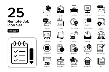 Remote Job Line Glyph Icon Set: Online Jobs, Telework, and Freelance Opportunities Icons