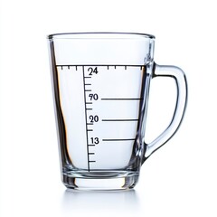 A glass measuring cup with a handle, filled with water, on a white background.