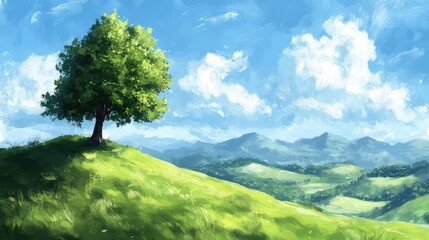 Obraz premium Serene Landscape with Tree Under Blue Sky