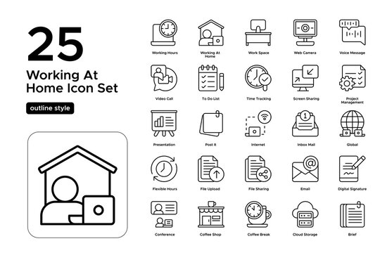 Working at Home Outline Icon Set: Home Workspace, Productivity Tips, and Flexible Schedules Icons