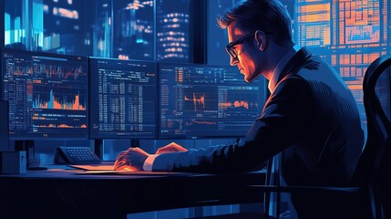 A banker in a suit works at a desk handling loans analyzing client financial data