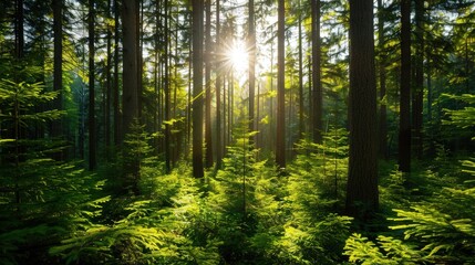 Obraz premium Sunlit Forest Serenity, a peaceful woodland scene where golden rays cascade through lush green leaves, creating a harmonious blend of light and nature's tranquility.