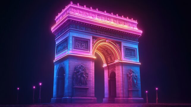 The Arc de Triomphe in Paris illuminated with vibrant pink and blue neon lights at night.