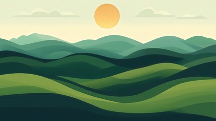 Obraz premium Verdant Hills Under a Bright Sky, a vibrant flat design illustration showcasing lush green hills bathed in sunlight, evoking a sense of peace and tranquility.