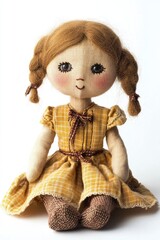 Fototapeta premium A vintage rag doll with brown hair, a yellow and brown plaid dress and a sweet smile sits on a white background.