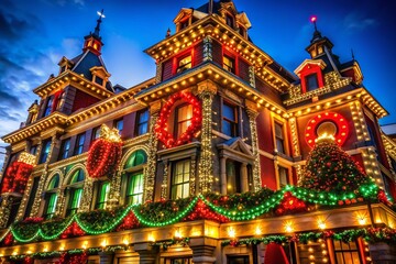 Captivating Architectural Photography of Holiday Lights Outline in a Festive Urban Setting, Showcasing the Beauty of Christmas Decor and Illumination in City Landmarks and Buildings