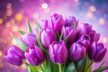 Obraz premium A vibrant purple tulip bouquet bursts against a delicate pink backdrop.
