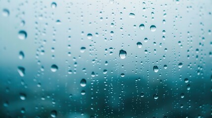 Raindrop Symphony, a close-up of droplets clinging to a window, creating a misty veil that softens the outside world, evoking a serene and contemplative atmosphere.
