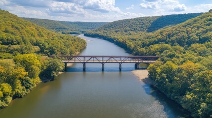 Fototapeta premium Scenic View of River and Bridge Surrounded by Forests
