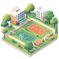 Isometric basketball court and sports complex. Vector illustration in flat style 