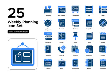 Weekly Planning Solid Duo Tone Icon Set: Time Management, Goal Setting, and Weekly Routines Icons