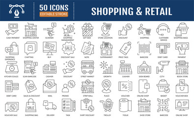 Shopping and Retail Editabe Stroke Line Icon collection. Relate to e-commerce, online shop, payment, money, store, market and others. Vector Illustration