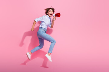 Full body profile portrait of charming crazy lady jump run communicate loudspeaker empty space...