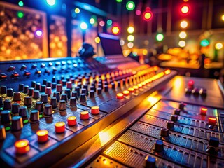 Fototapeta premium Captivating Close-Up of Audio Equipment with Glowing Controls in a Studio During Late-Night Recording Session