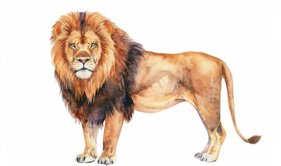 Obraz premium Charming Watercolor Lion Illustration, vibrant colors, cute little roar, perfect for children's books, whimsical design, ample copy space for text, engaging and playful.