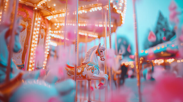 A carousel horse glows in soft pink and blue light.