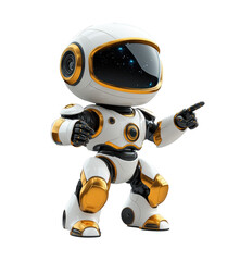 Cute futuristic robot character pointing with arm raised, sleek white and gold design, AI technology concept, isolated on transparent background, friendly droid, artificial intelligence