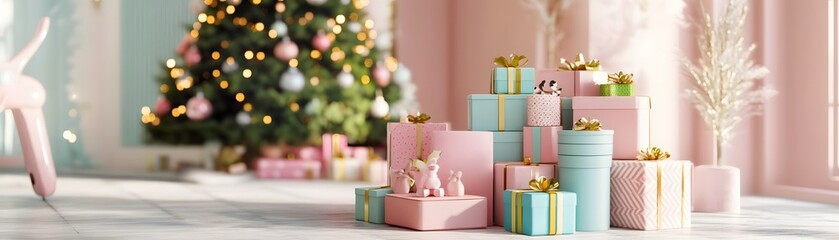 Stack of Pink and Blue Presents with Christmas Tree in Background