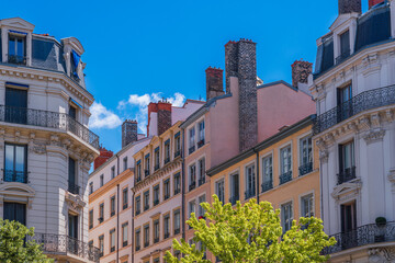 View of the generic buildings in the city of Lyon, France, on a bright sunny day