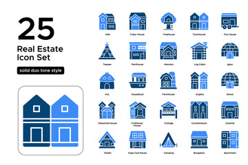 Real Estate Solid Duo Tone Icon Set: Property Value, Real Estate Listings, and Housing Icons