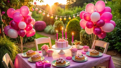 Captivating Drone Photography of a Pink-Themed Birthday Celebration for a Preteen Girl with Beautiful Decorations, Candles, and Balloons for Unique Stock Imagery