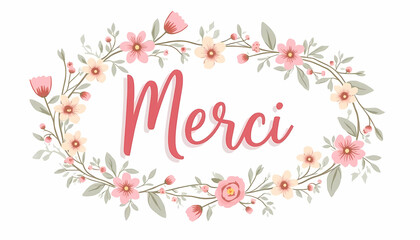 Charming "Merci" inscription framed by delicate flowers and greenery on a white background 