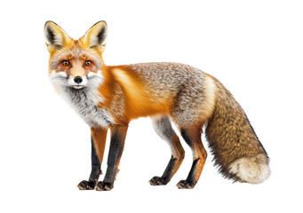 Fototapeta premium Vibrant red fox with bushy tail and sharp eyes, isolated on transparent background, wild animal, nature icon, woodland creature, wildlife diversity, forest habitat, charismatic species