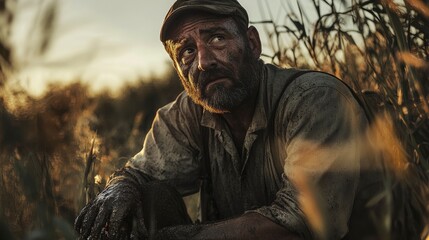 Obraz premium Rugged farmer in a field at sunrise, with muddy hands, weathered face and strong build