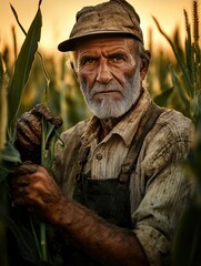 Fototapeta premium Rugged farmer in a field at sunrise, with muddy hands, weathered face and strong build