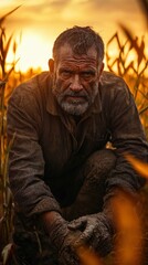 Obraz premium Rugged farmer in a field at sunrise, with muddy hands, weathered face and strong build