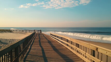Obraz premium Serene Boardwalk Leading to Calm Sea at Sunset
