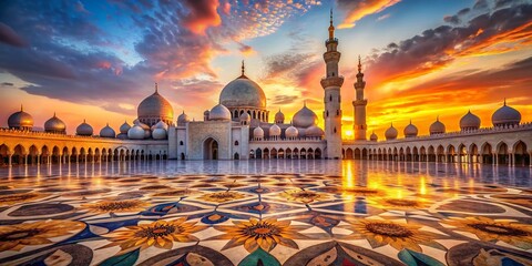 Captivating Islamic Architecture with Intricate Patterns and Warm Sunset Glow, Celebrating Cultural Heritage and Spirituality in a Serene Landscape