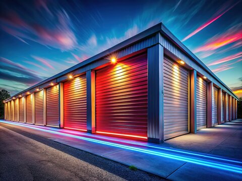 Abstract light trails dance across storage unit facades.