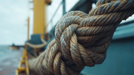 Fototapeta premium Twisted ropes are secured on a fishing boat, resting at the harbor. The early morning light enhances the texture of the weathered fibers. Waves gently ripple in the background.