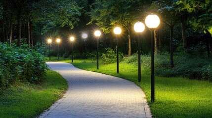 Obraz premium Serene Pathway Lined with Glowing Street Lights