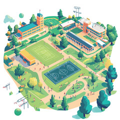 Isometric school and park. School building, college, university, college. Vector illustration. 