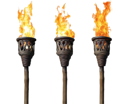 Three burning flame tiki torches on PNG transparent background