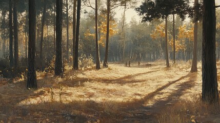Naklejka premium Serene Autumn Forest Path with Soft Sunlight