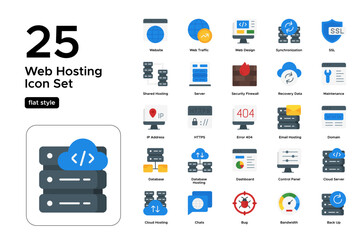 Web Hosting Flat Icon Set: Domain Services, Cloud Storage, and Website Hosting Icons