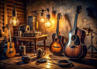 Captivating Low Light Photography of Music Accessories - Guitars, Headphones, Microphones, and Instruments in Atmospheric Settings