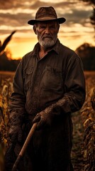 Fototapeta premium Professional photo of a rugged farmer in a field at sunrise, holding a shovel with muddy hands