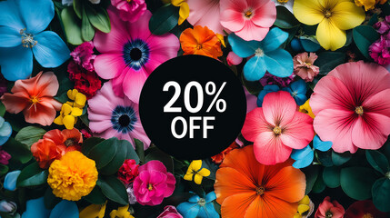 A vibrant arrangement of colorful flowers with a 20% off sale tag.