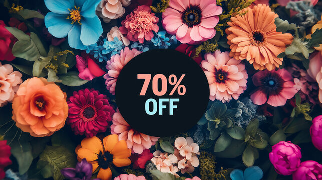 70% off sale sign surrounded by a colorful floral arrangement.
