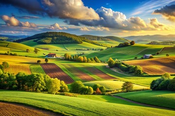 Fototapeta premium Captivating Portrait Photography of Agricultural Landscapes with Vibrant Fields, Lush Vegetation, and Rolling Hills for Nature Enthusiasts and Farming Aficionados