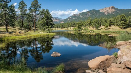 Fototapeta premium Serene Lake Surrounded by Green Pine Trees