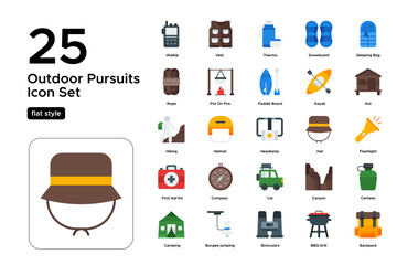 Outdoor Pursuits Flat Icon Set: Nature Treks, Camping Gear, and Adventure Sports Icons
