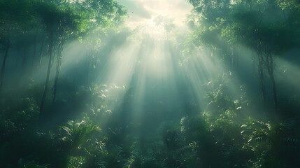 Obraz premium A breathtaking photography of a lush forest scene, showcasing diverse wildlife among towering trees, with sunlight filtering through the canopy, emphasizing the beauty and importance of nature.
