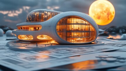 Obraz premium Futuristic, modern home design with a large, illuminated moon in the background, sitting on blueprint paper.